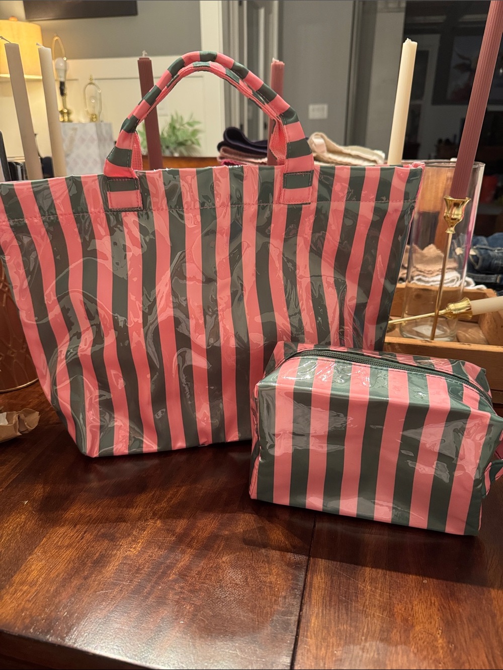 Pink and Dark Green Striped Tote with Matching Pouch